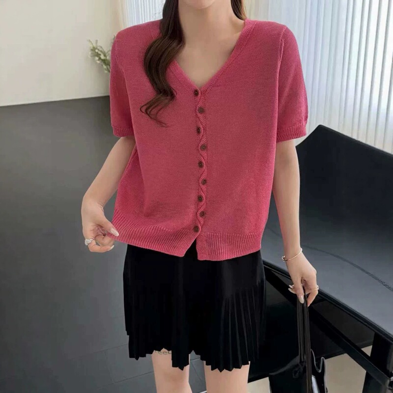Korean Style V-Neck Buttoned Cool Silk Knit Cardigan Short-Sleeve 2026 Summer New Fresh Casual Top T-Shirt for Women