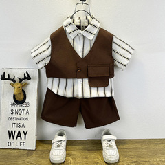 男童夏裝短袖套裝洋氣兒童條紋薄襯衫2024新款時髦寶寶炸街衣服潮