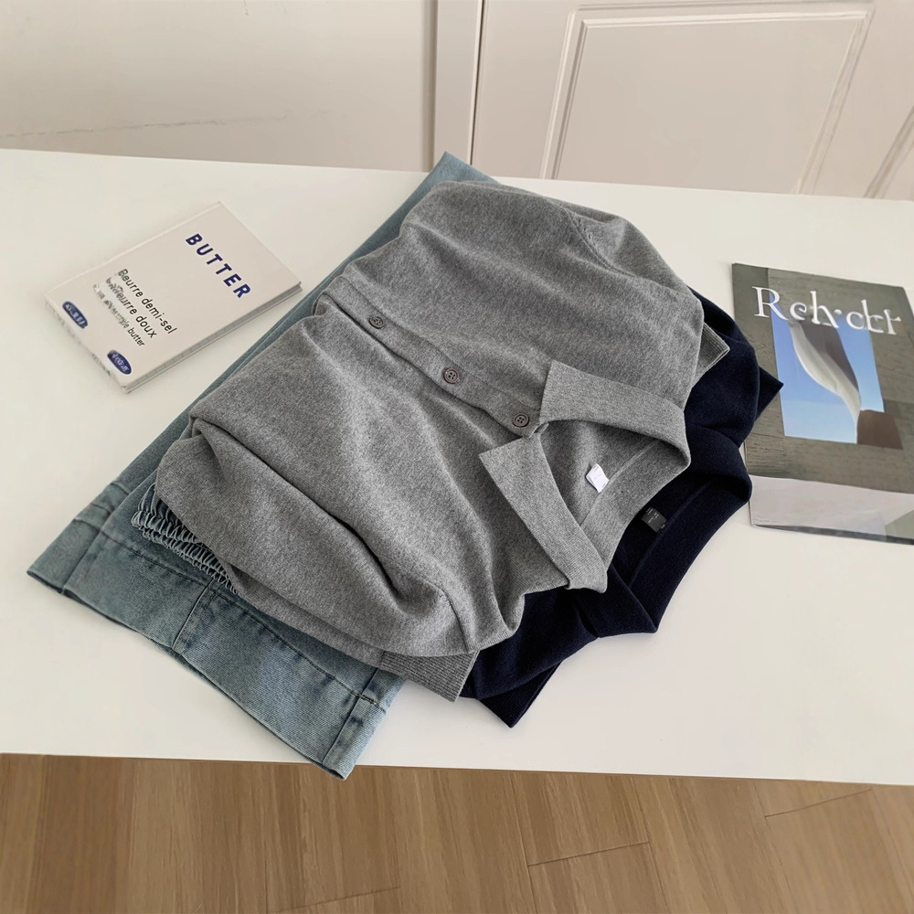 外贸品质翻领针织开衫上衣女松弛感韩系百搭极简风秋冬毛衣外套