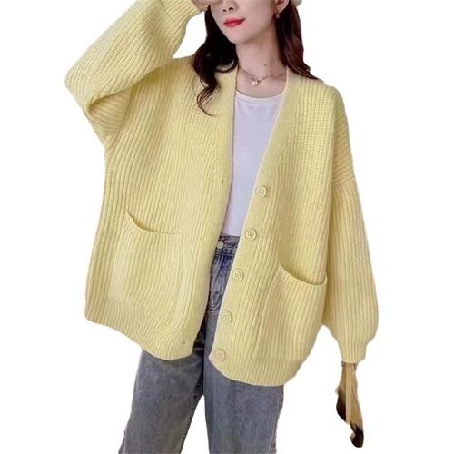 Women's Loose V-neck Soft and Gentle Cream Blue Knit Cardigan Outerwear - New Early Autumn Korean Laid-back Style