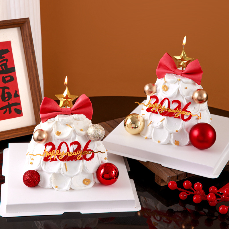 2026新年跨年许愿树蛋糕装饰亚克力插牌蝴蝶结五角星蜡烛装扮插件
