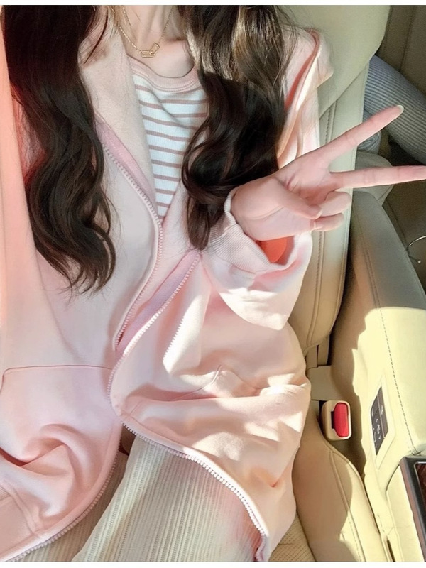 山东即墨卫衣女粉色连帽卫衣外套女款秋季薄款2025韩系显瘦外套|undefined