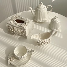 态生活复古浮雕陶瓷咖啡套具手捏山茶花下午茶套装纸巾盒创意礼品