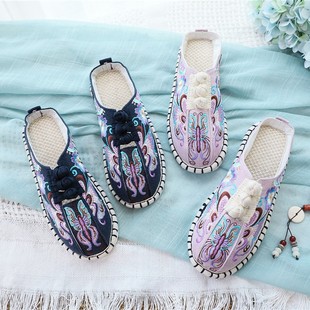 2024 New Spring and Summer Ethnic Canvas Cotton, Linen and Linen Plate Buckle Chinese Style Thousand-Layer Cloth Bottom Half-Pack Women's Slippers