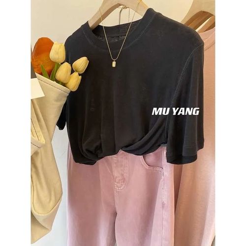 High-quality heavy industry pure color short-sleeved women's summer Korean-style meat-hiding round neck turtleneck basic design fashionable top