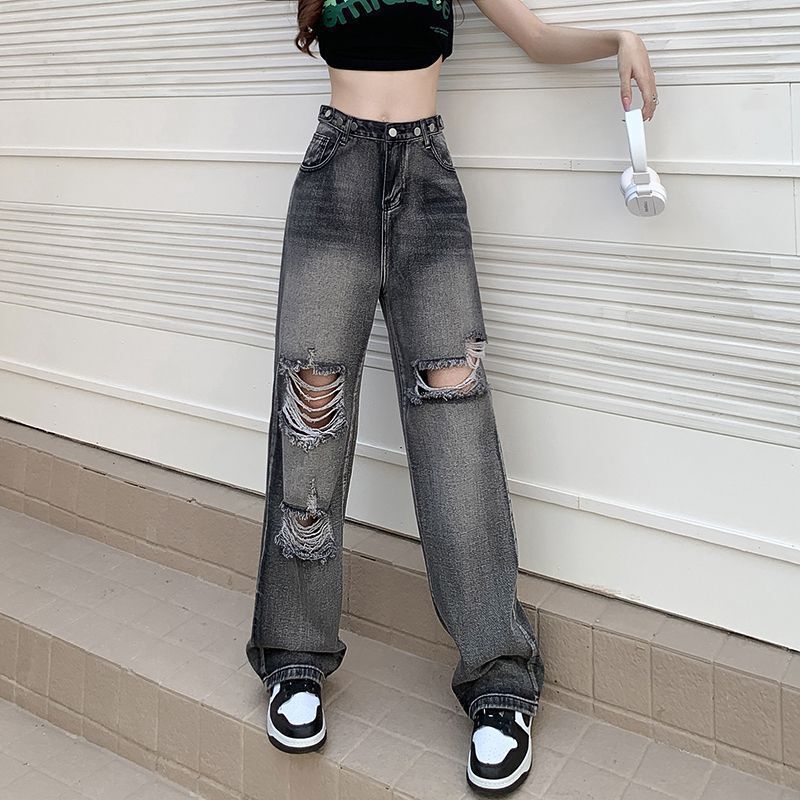2025 Slim Summer High-Waisted Straight Ripped Jeans for Women Loose High Street Trendy Ins Wide-Leg Pants Trendy 2025 Slim Summer High-Waisted Straight Ripped Jeans for Women Loose High Street Trendy Ins Wide-Leg Pants Trendy
