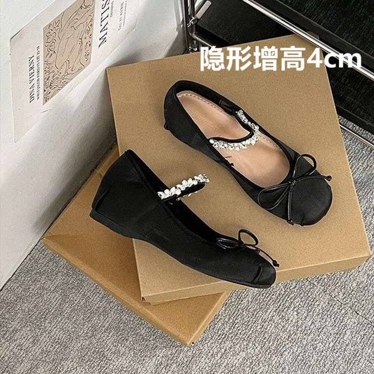 Dance Shoes 4cm Small Invisible Height Increase Ballet 2026 Rhinestone Bow Shallow Mouth Satin Outdoor Single Shoes For Women_voghion.com