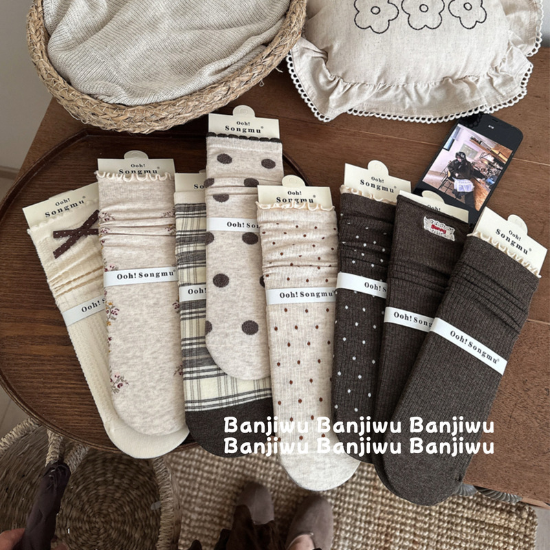 Songmu designer brown and gray combination Korean style ins floral bow cotton mid-calf socks sweet women's socks