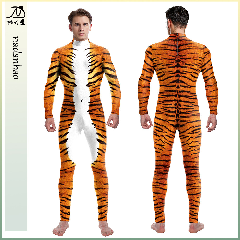 2025 New Cross-Border Digital Printing Animal Performance Clothing One-Piece Tiger Men's and Women's Jumpsuit Stage Cos Clothing