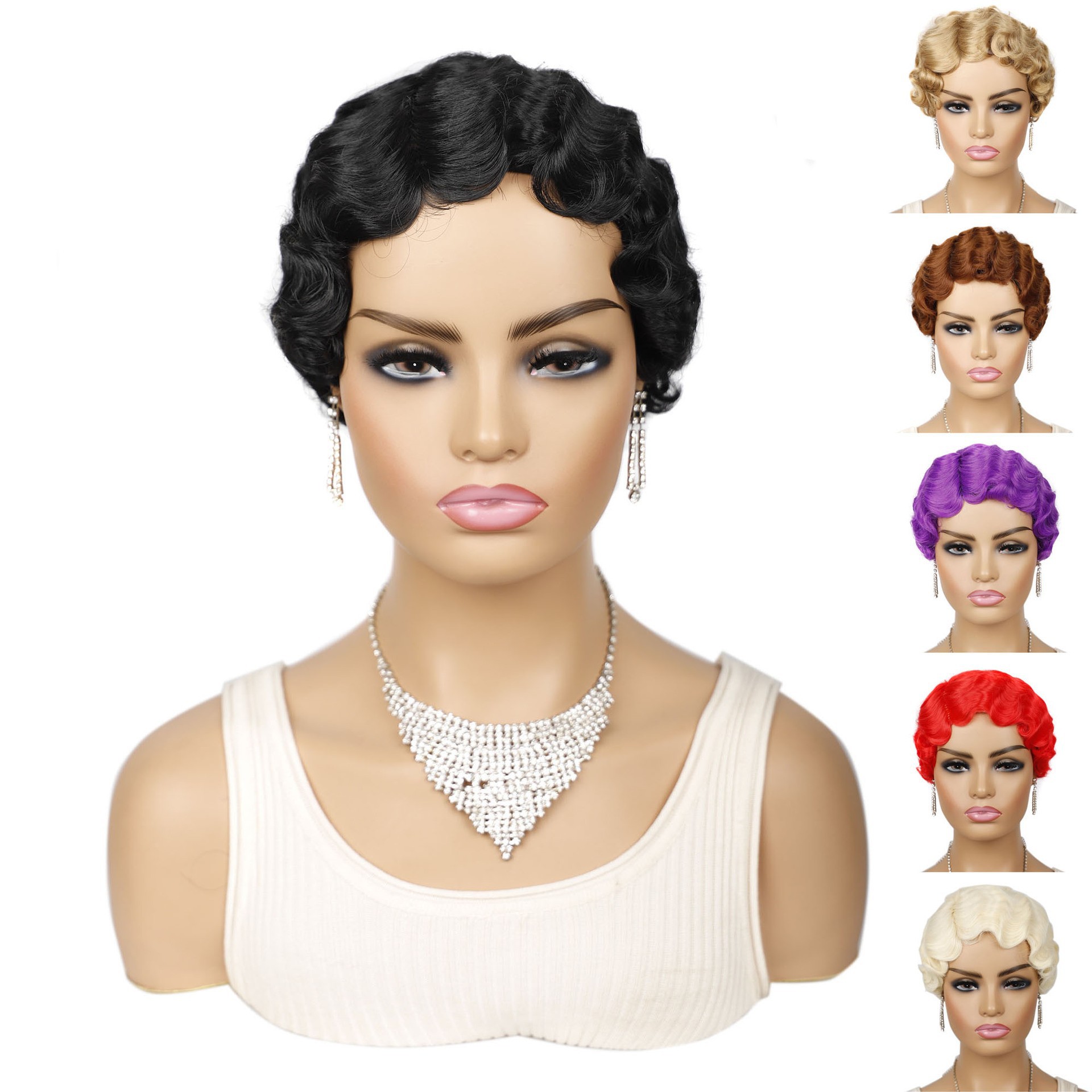 Perruque synthétique cheveux courts bouclés fibre synthétique avec bandeau motif vague d'eau_voghion.com