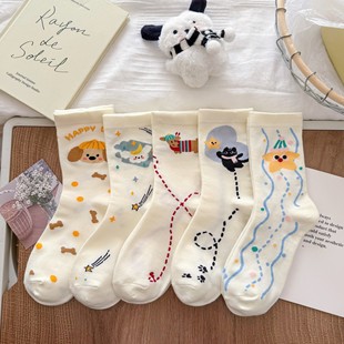 Autumn and Winter Purple Cartoon Animal Cashmere Socks Japanese Style Cute Bow Stacked Socks Simple Plaid Women's Socks