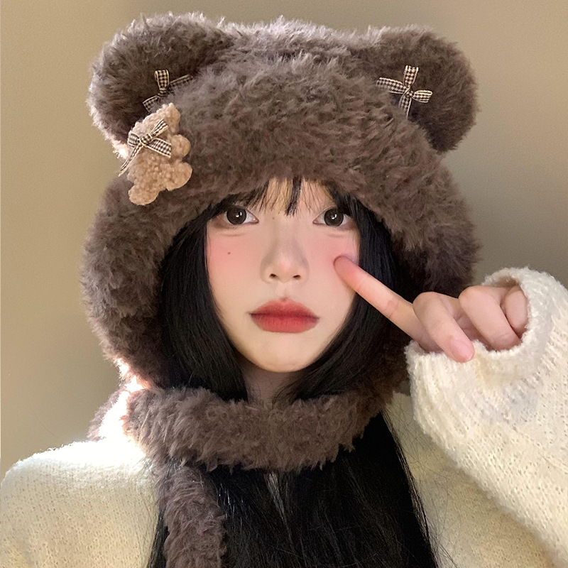 Hermoso arco de oso orejas gorra de peluche para mujeres otoño y invierno cara pequeña gorra de punto protector de orejas gorra de calor frío