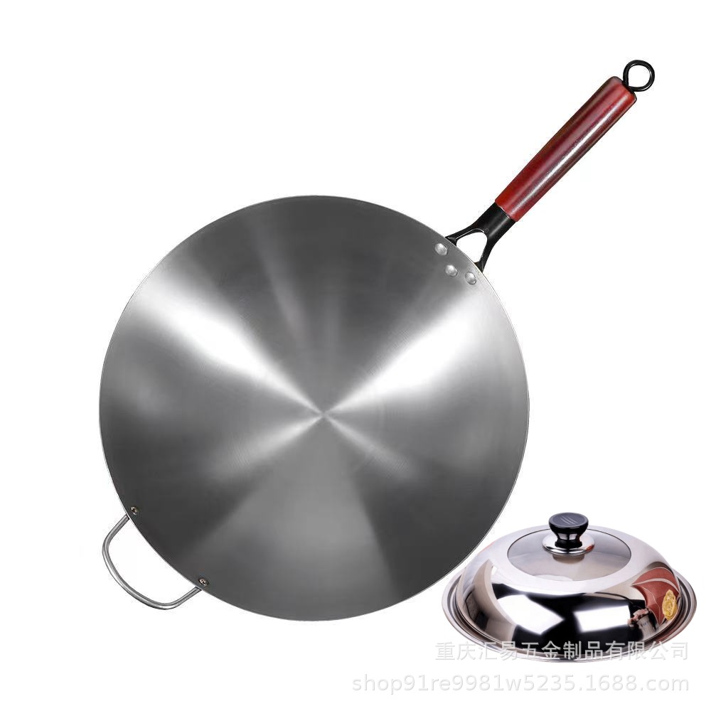Wok tradicional de hierro con fondo redondo para cocinar, apto para uso doméstico en estufas de gas, sin recubrimiento y antiadherente, ideal para hoteles y restaurantes.