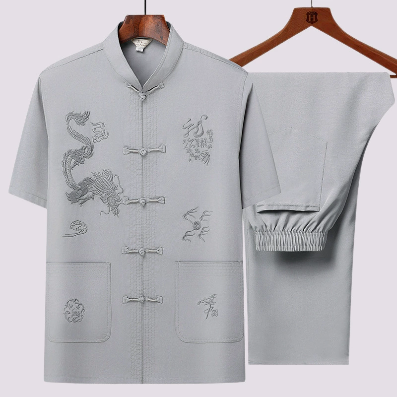 Летняя рубашка из ледяного шелка с короткими рукавами для папы, мужской костюм Тан в китайском стиле, мужской костюм для дедушки среднего и пожилого возраста, повседневная рубашка