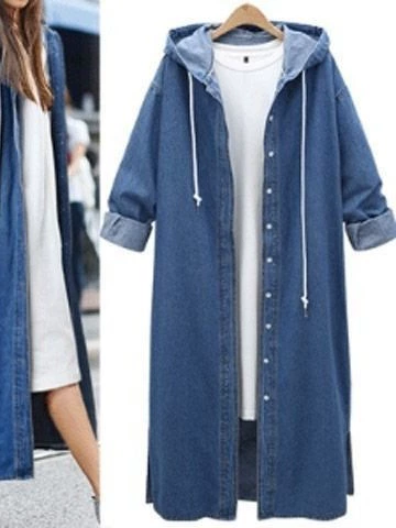 Джинсовая удлинённая куртка‑кардиган с капюшоном, женская, plus size, демисезон