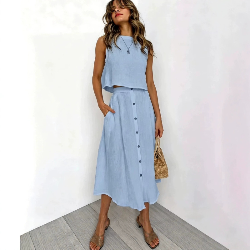Amazon's New Spring and Summer Wish Round-Neck Vest Dress Set Shirt Dress Mid-Length Dress Top/European and American Style Amazon's New Spring and Summer Wish Round-Neck Vest Dress Set Shirt Dress Mid-Length Dress Top/European and American Style
