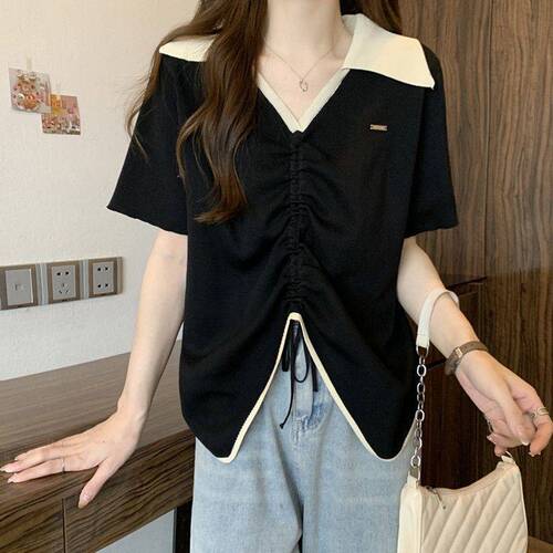 Plus size women's niche design drawstring short-sleeved T-shirt women's summer irregular belly-covering slimming top trendy