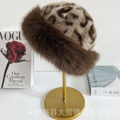 仿毛豹纹蒙古帽跨境仿皮草新款时尚秋冬加厚保暖盆帽复古可爱帽子