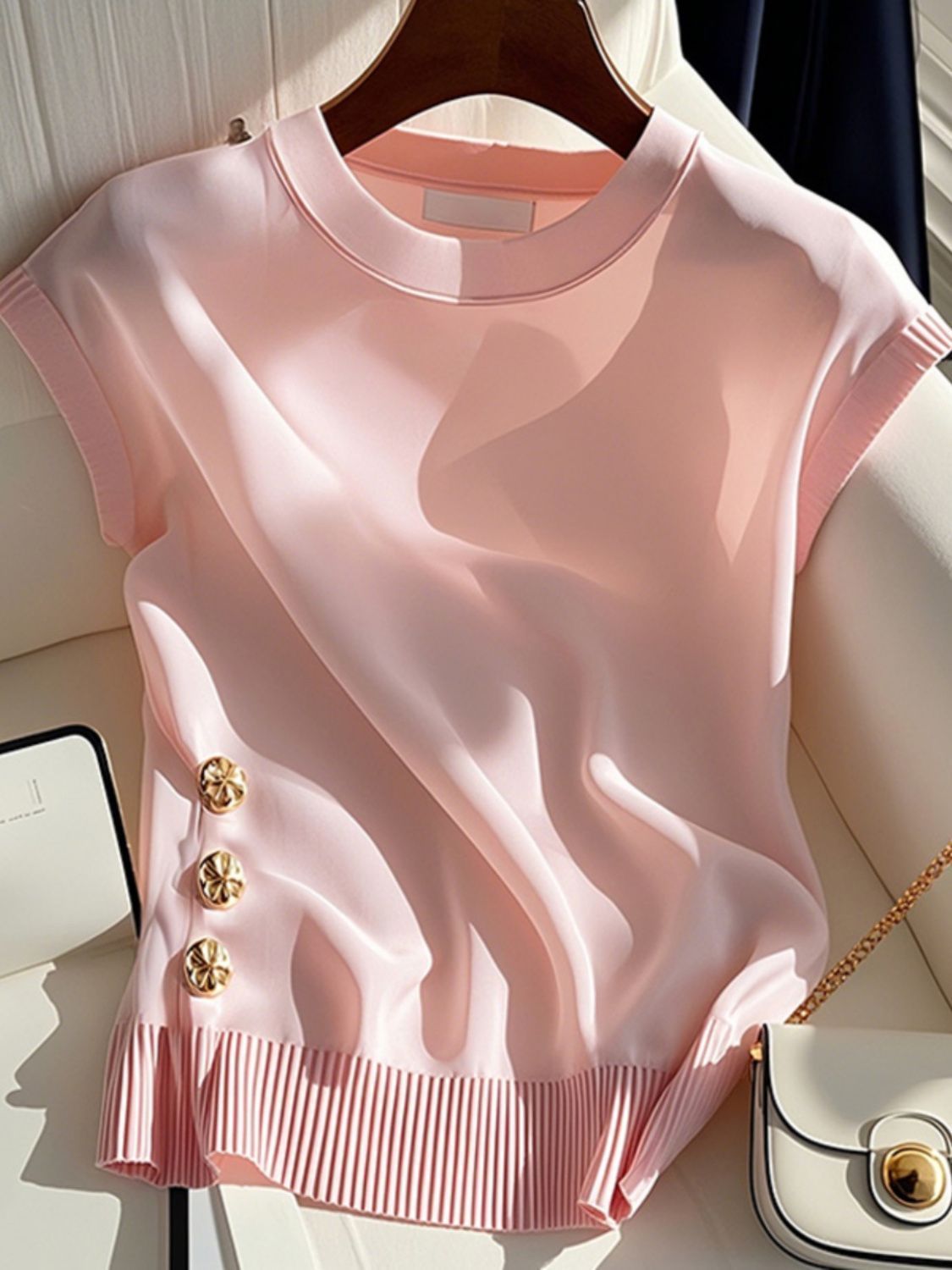 Women's Light Luxury Pink Knit Top Round Neck Sleeveless T-Shirt French Style Summer Chic Fashion For Youthful Women_voghion.com