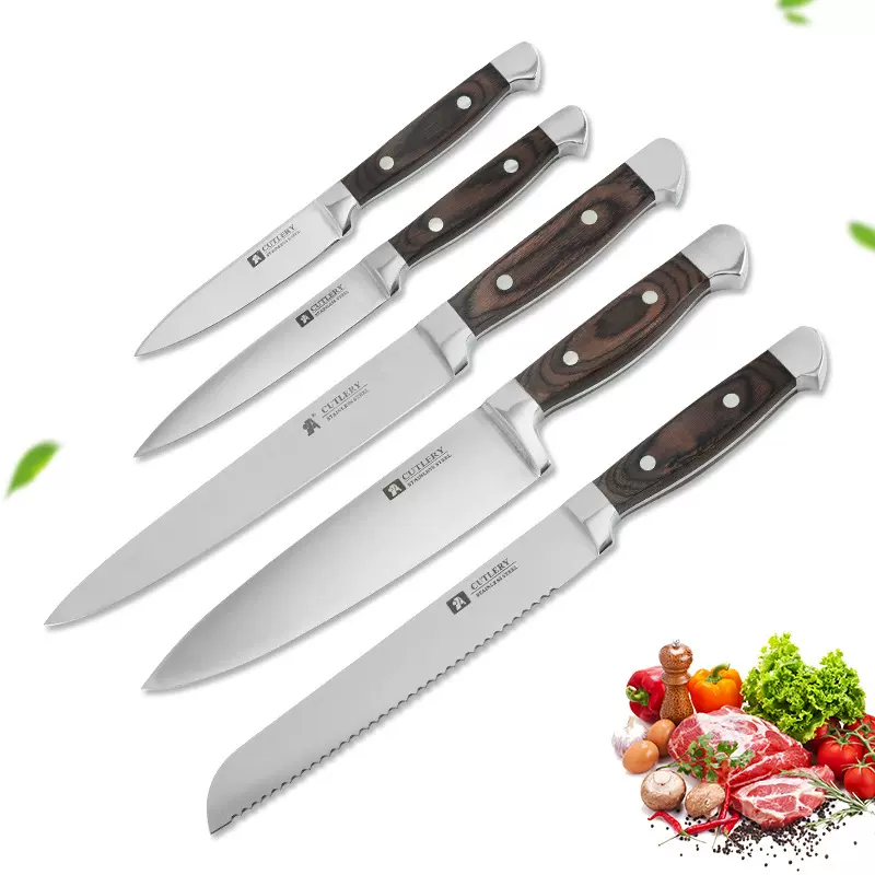 跨境不锈钢厨房刀具套装 新款厨师刀多用刀 钢头菜刀五件套