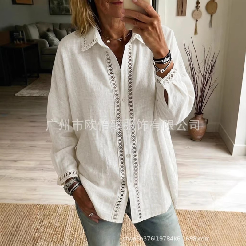 European and American Independent Websites Amazon Aliexpress 2026 Spring and Summer New Women's Solid Color Lace Patchwork Long-Sleeve Shirt
