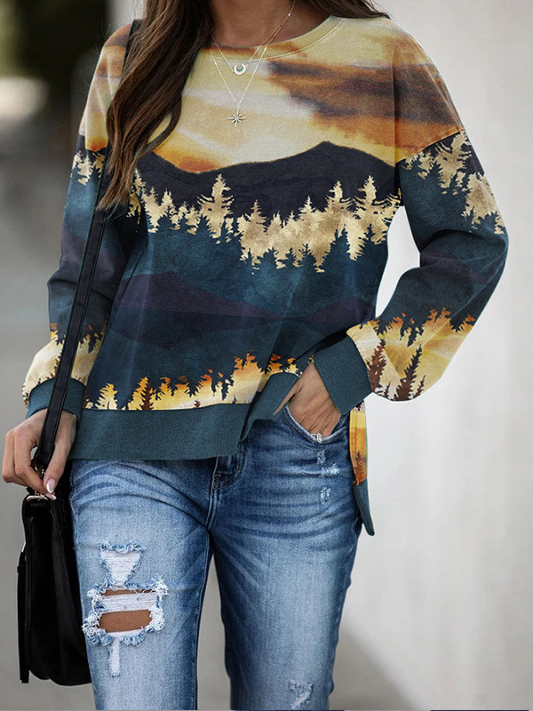 Europa y los Estados Unidos comercio exterior nuevo paisaje impresa camiseta de manga larga camiseta de invierno de otoño de Navidad camiseta de cuello redondo al por mayor