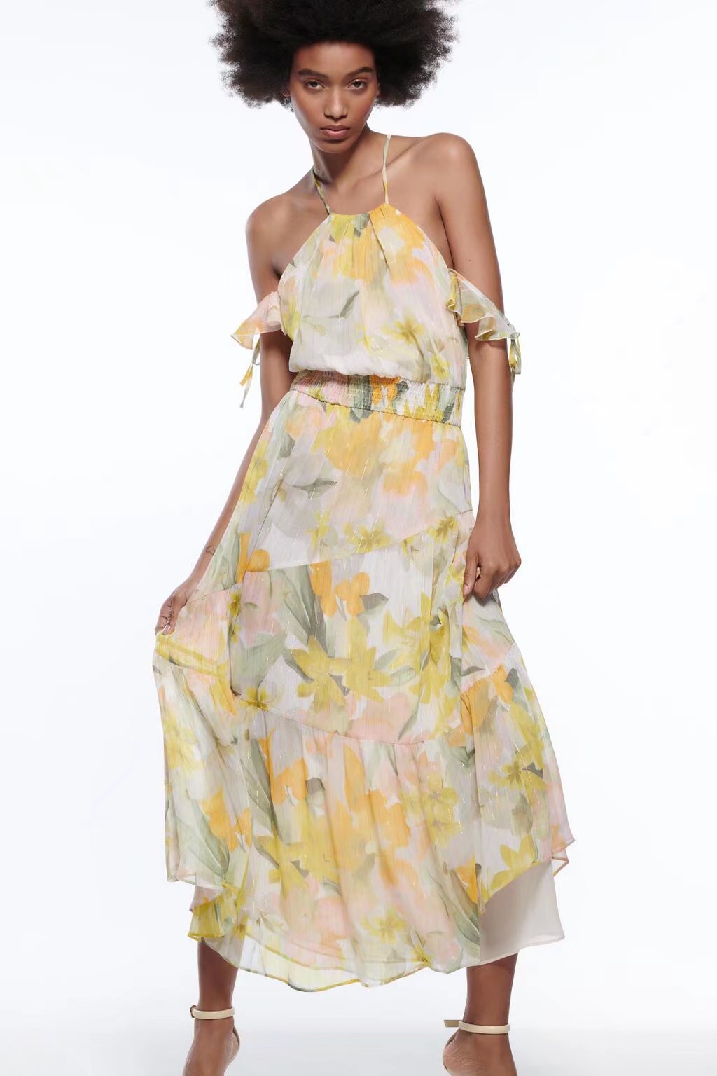 chiffon printed suspender backless ruffle dress NSAM129021