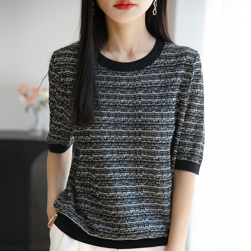 2025 Retro Glitter Tencel Round Neck Knitwear Short-Sleeved T-Shirt Women's Color Matching Pullover Loose Bottoming Shirt Top 2025 Retro Glitter Tencel Round Neck Knitwear Short-Sleeved T-Shirt Women's Color Matching Pullover Loose Bottoming Shirt Top