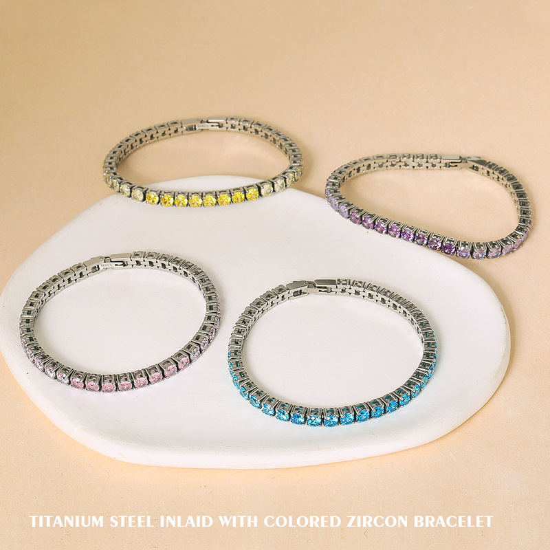 Foreign Trade Stainless Steel Aquamarine Color Zircon Tennis Chain Bracelet for Women Not Faded Niche Light Luxury High Sense Titanium Steel