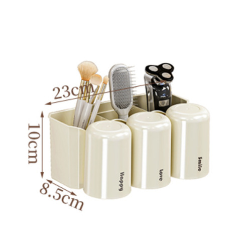 Cream Wind Hole-Free Wall-Hanging Toothbrush Holder with Toothpaste Squeezer, Bathroom Shower Cup Storage and Display Rack