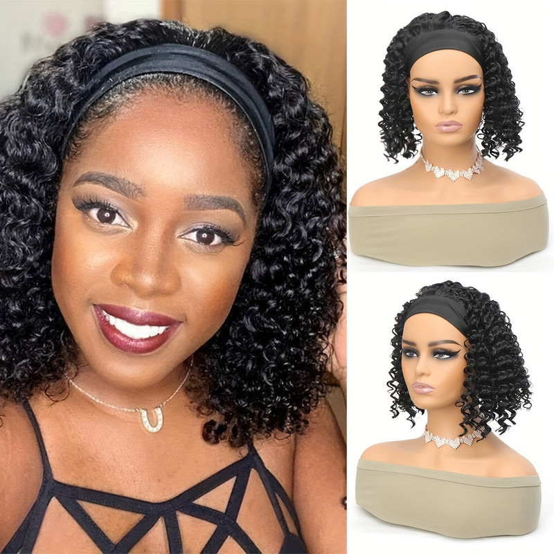 Black synthetic fiber short kinky curly headband wig, ice silk headband, short style 12inch, adjustable for women Black synthetic fiber short kinky curly headband wig, ice silk headband, short style 12inch, adjustable for women