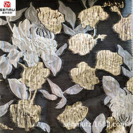 欧根纱提花面料 花卉金属丝涤纶布料色织条纹提花礼服服装面料