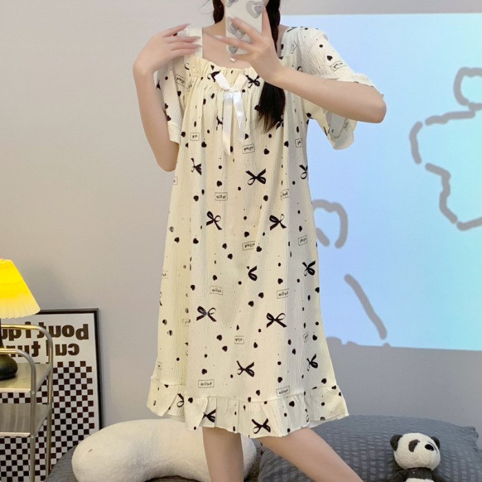 Princesa viento pijama de verano mujer tela de algodón gancho vestido de pijama de mangas cortas suelto tamaño más grande 200 kg se puede usar ropa para el hogar