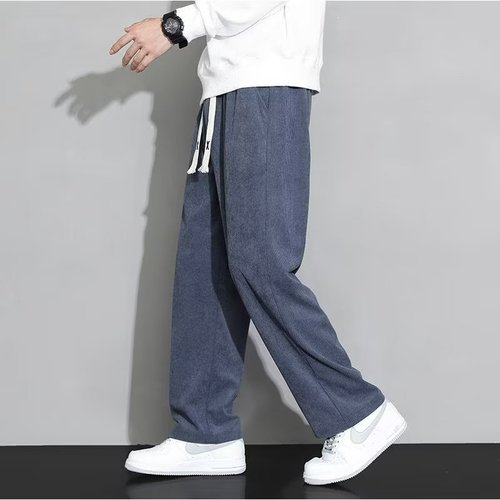 Men's Corduroy Pants for Spring and Autumn, Streetwear Loose and Flowy Straight Leg Sweatpants with Fleece, Wide Leg Sporty Casual Long Pants