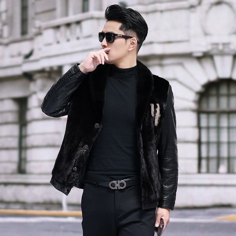 冬季新款男士貂皮夹克山羊皮外套真皮皮衣男水貂青果领皮西服海宁