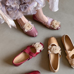 Milk Shoes ~ French Retro Round Toe Flower Cross Strap Color Shoes Flat Shallow Mum Shoes Ballet Shoes