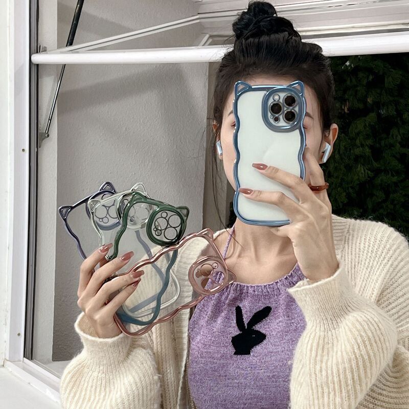 Electroplated Cat Ears Suitable for Apple 16 Mobile Phone Case 15pro All-Covering 14pro Drop-Resistant 1413 Protective Case New Style