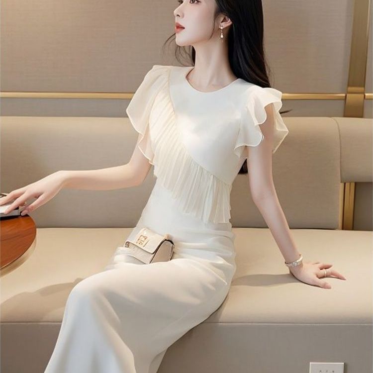 专柜商场撤回国际大牌剪标女装灰色无袖雪纺连衣裙法式荷叶边长裙