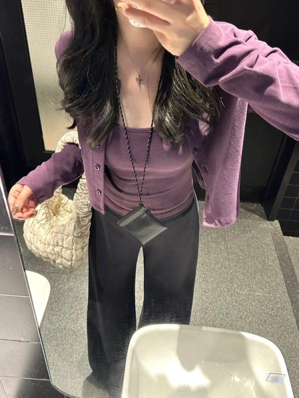紫色两件套吊带内搭开衫外套女早秋2025新修身短款小个子chic上衣|undefined