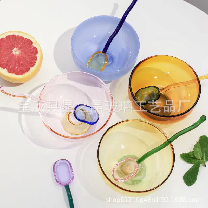 Contrast color glass bowl fruit salad Korean ins heat-resistant glass bowl foot ice cream bowl yogurt bowl dessert Cup