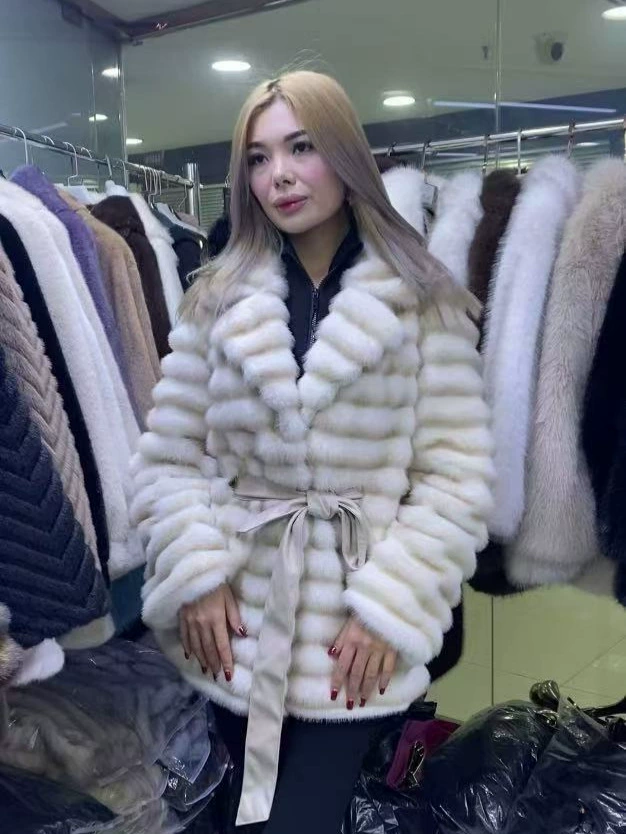 Faux‑mink integrated fur coat, mid‑length with collar, eco‑friendly design