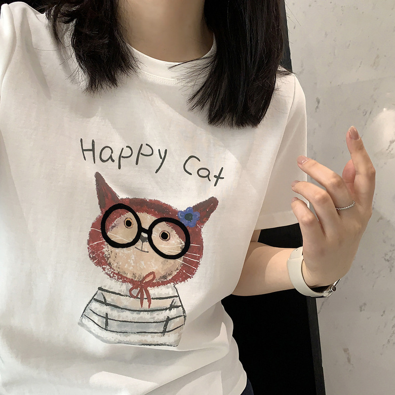 Youth Bible~Super Cute 26Th Spring/Summer Series T-Shirt with Glasses and Embroidered Cat Pattern, Round Neck, Short Sleeves for Women