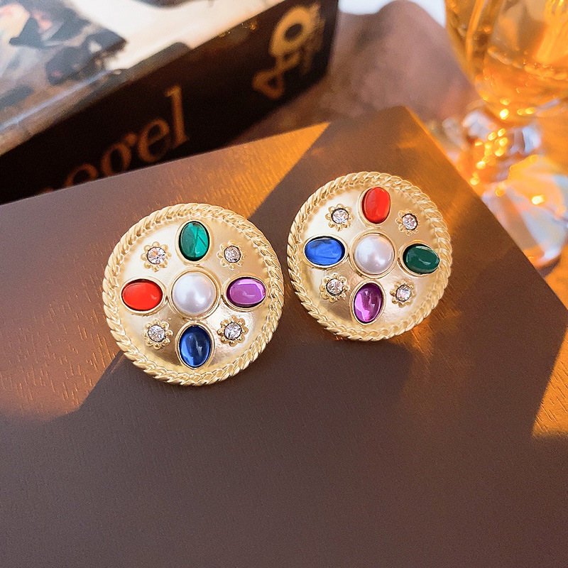 Retro Flower Resin Copper Inlay Artificial Diamond Drop Earrings 1 Pair