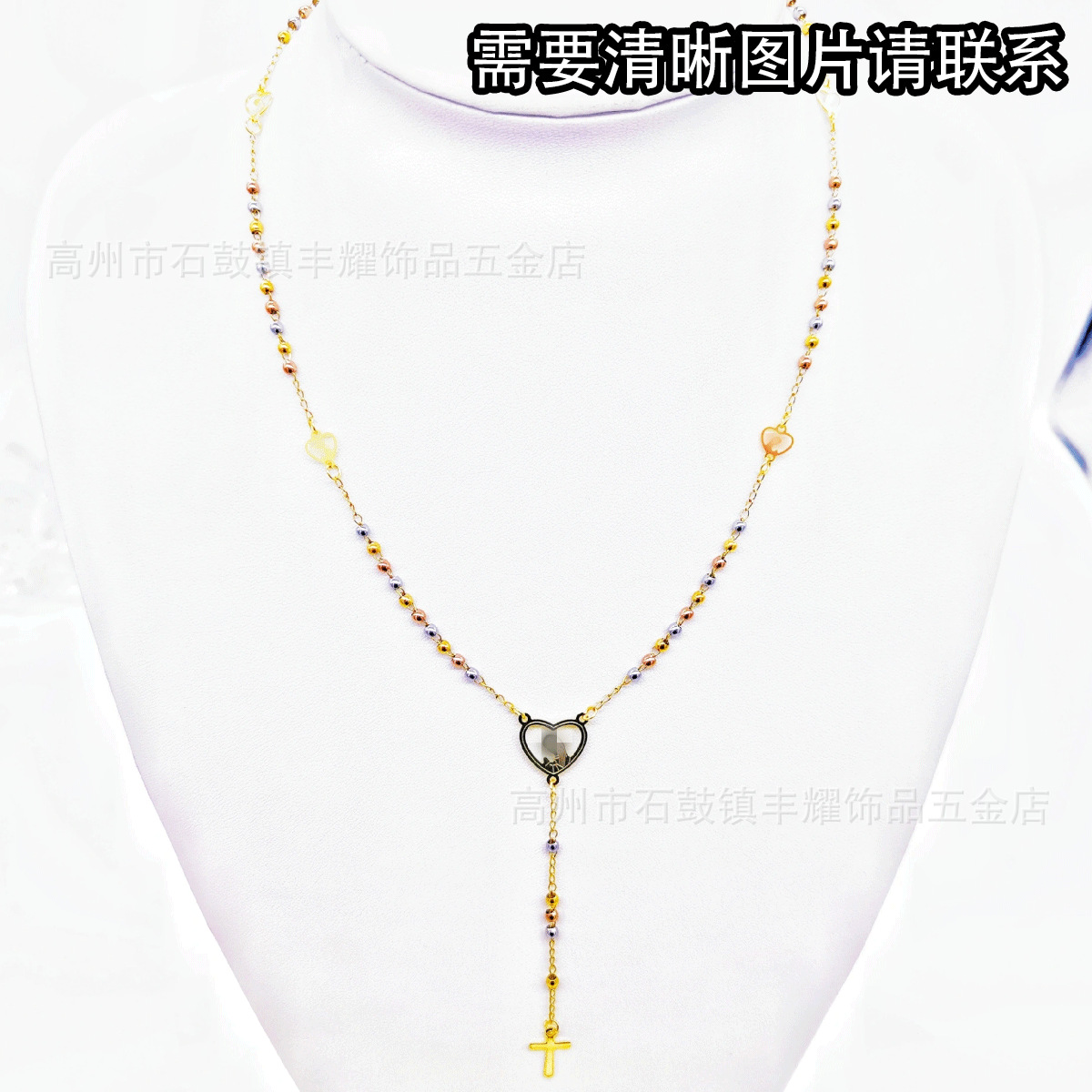 (3M acessorios en forma de corazón) un collar de 3mm de cuentas de acero inoxidable tallado en la salida de la cruz