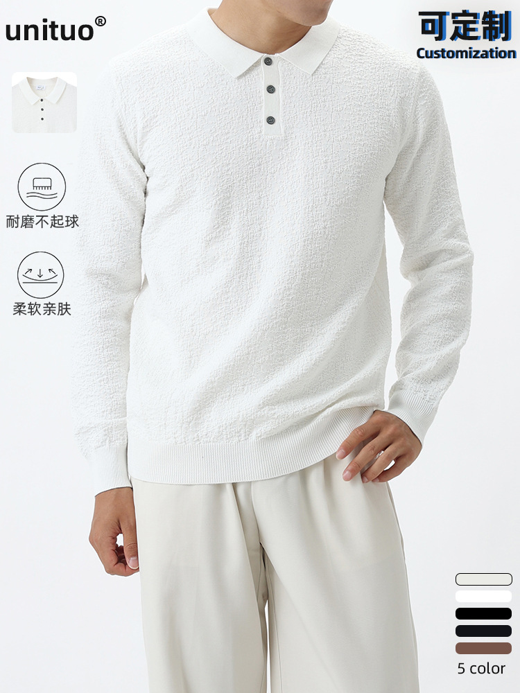 El estilo de lujo ligero de alto nivel esmerizado con solapa polo camiseta de punto de negocios ocio suéter de manga larga camiseta de polo de hombre