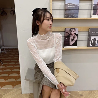 初秋高领褶皱蕾丝衫女款内搭外穿钢琴纹泡泡蕾丝衣性感微透打底衫