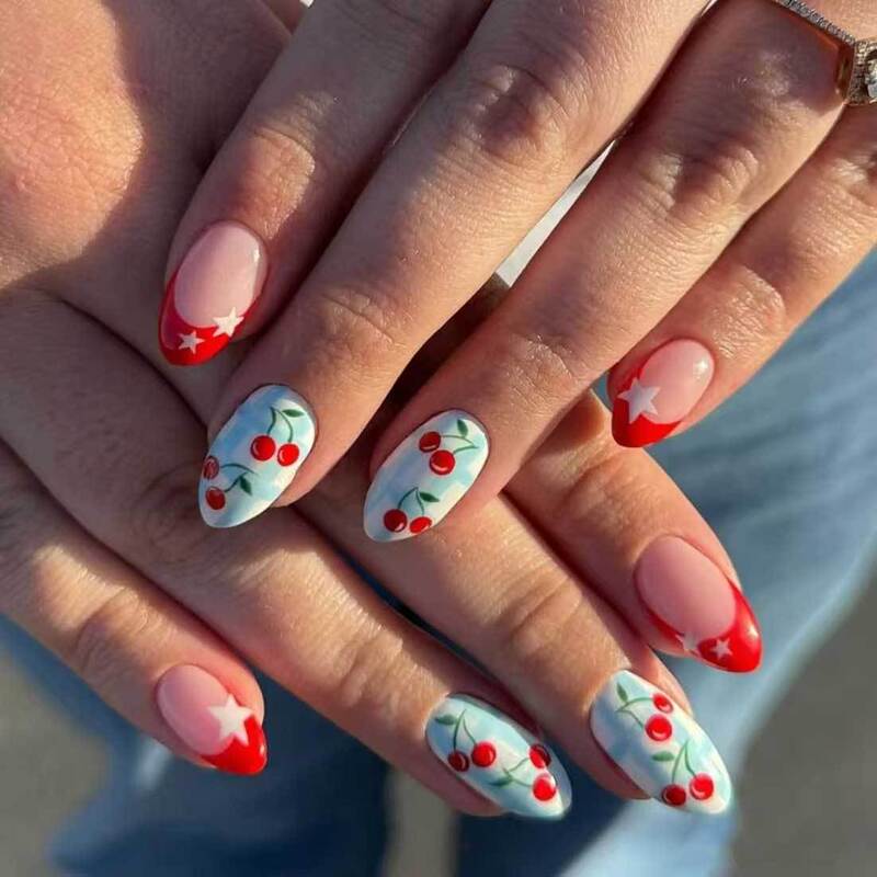 X-0477 European and American Popular Cherry Checkered Nail Art French Star Nail Stickers Removable Wearable Fake Nails X-0477 European and American Popular Cherry Checkered Nail Art French Star Nail Stickers Removable Wearable Fake Nails