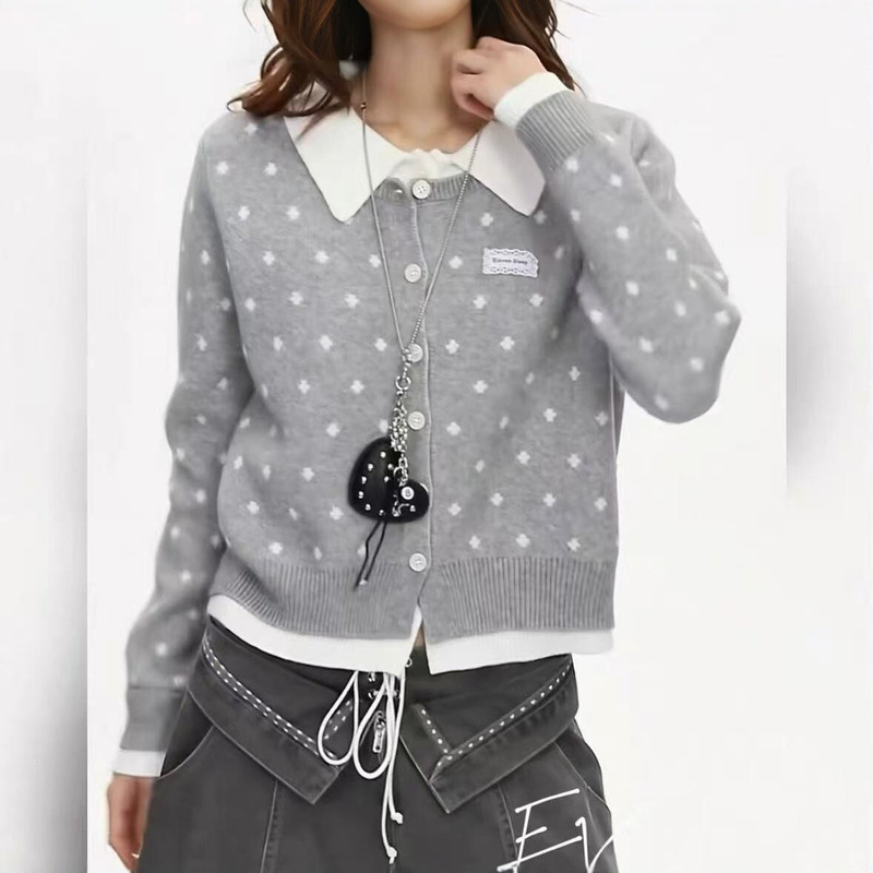 Polka Dot Knit Cardigan for Women 2026 Fall/Winter New Style Turn-Down Collar Contrast Color Sweater Coat Versatile Slimming Long Sleeve Top Polka Dot Knit Cardigan for Women 2026 Fall/Winter New Style Turn-Down Collar Contrast Color Sweater Coat Versatile Slimming Long Sleeve Top