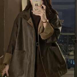 白枕鹤大码感皮衣外套女新款秋季时髦洋气夹克胖遮肉显有吊牌氨纶