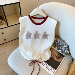 韓国風デザインフラワー刺繍巾着ラウンドネックノースリーブTシャツレディース夏のファッション多用途年齢軽減ニットトップ